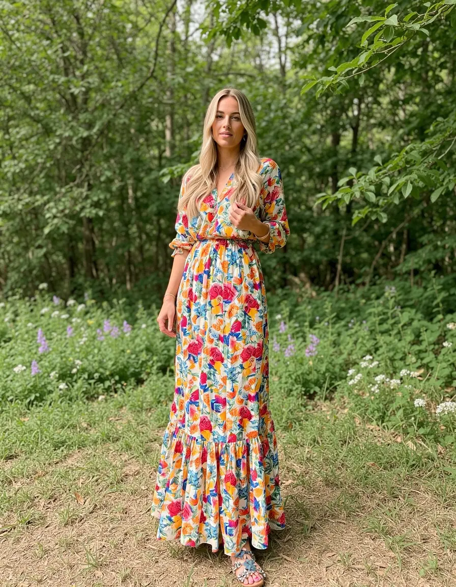Vestido maxi floral colorido estilo bohemio