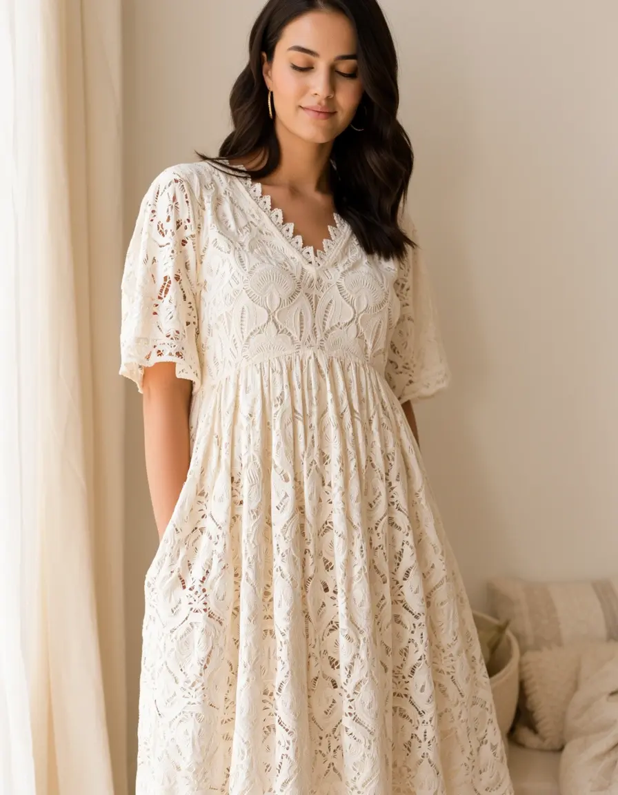 Vestido de encaje boho romántico en color crema
