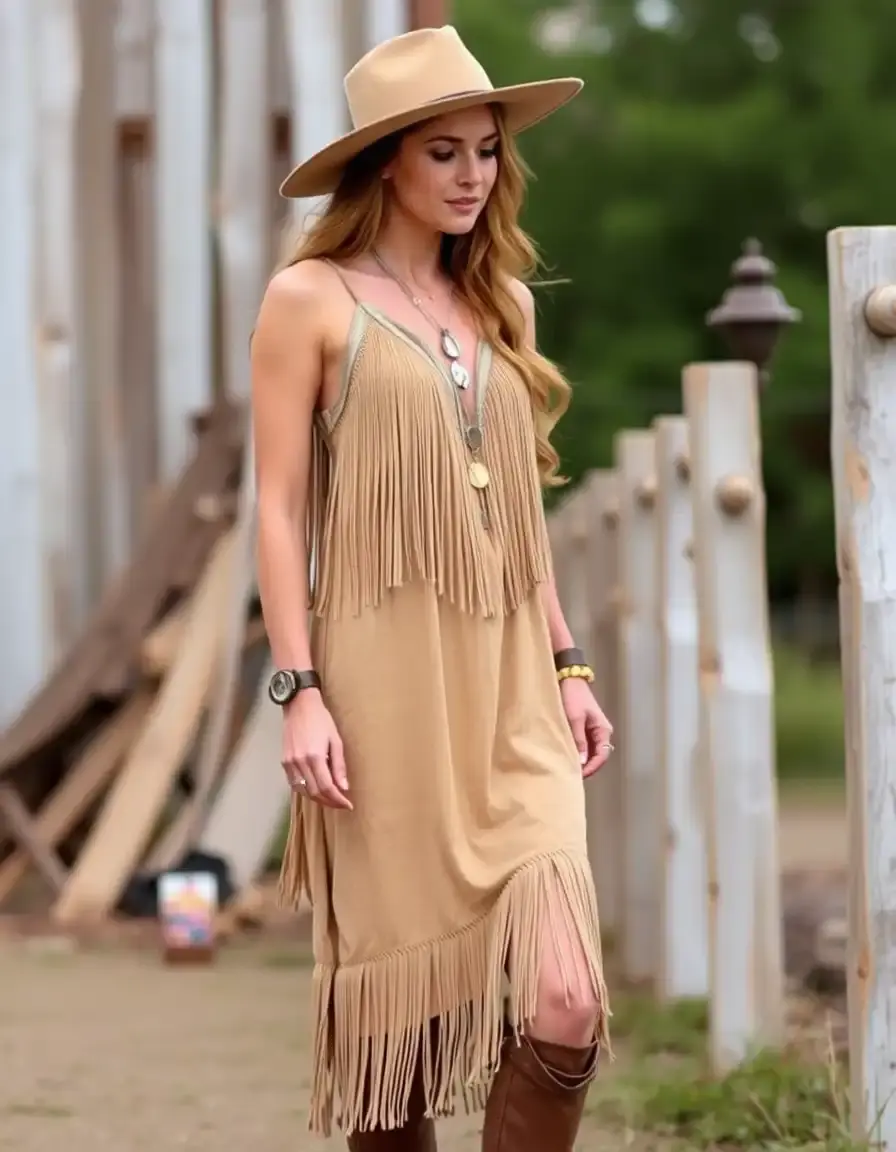 Vestido boho beige con flecos estilo western