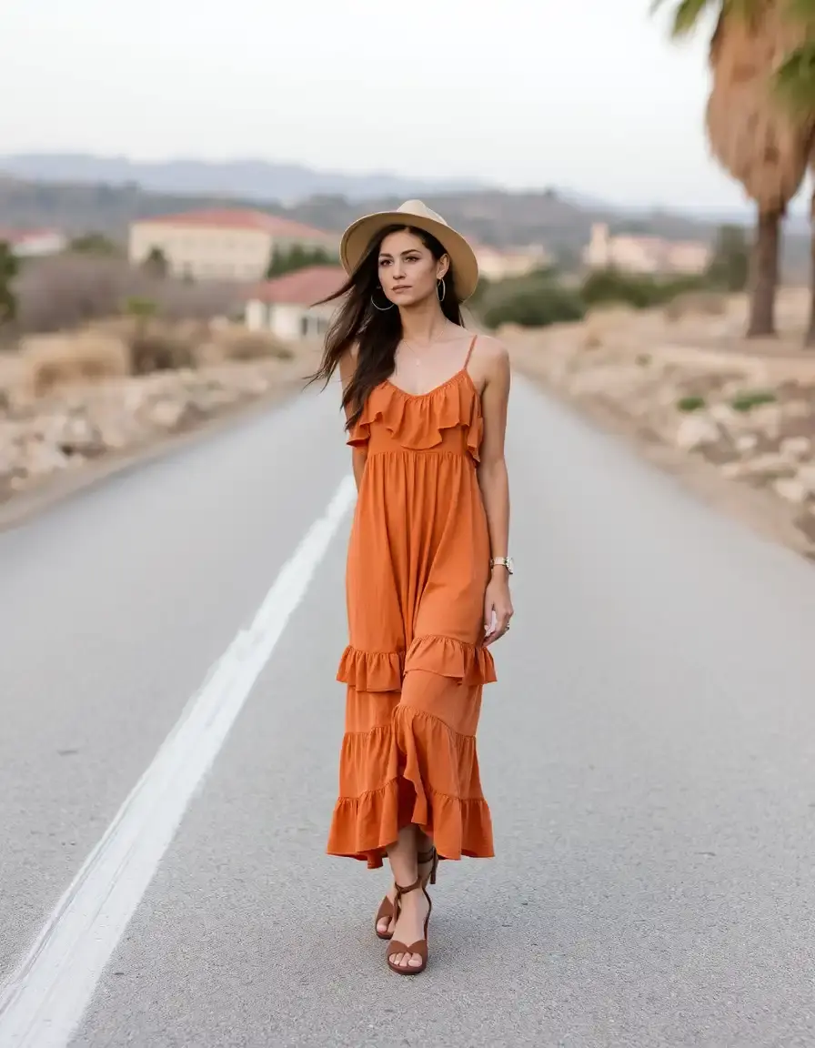 Vestido boho escalonado en tonos tierra con volantes