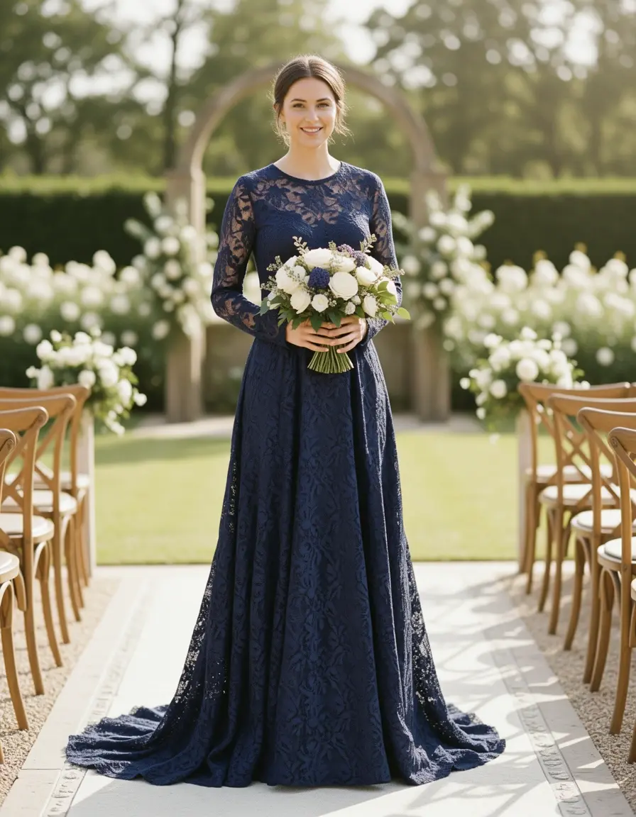 Vestido de madrina en encaje azul marino