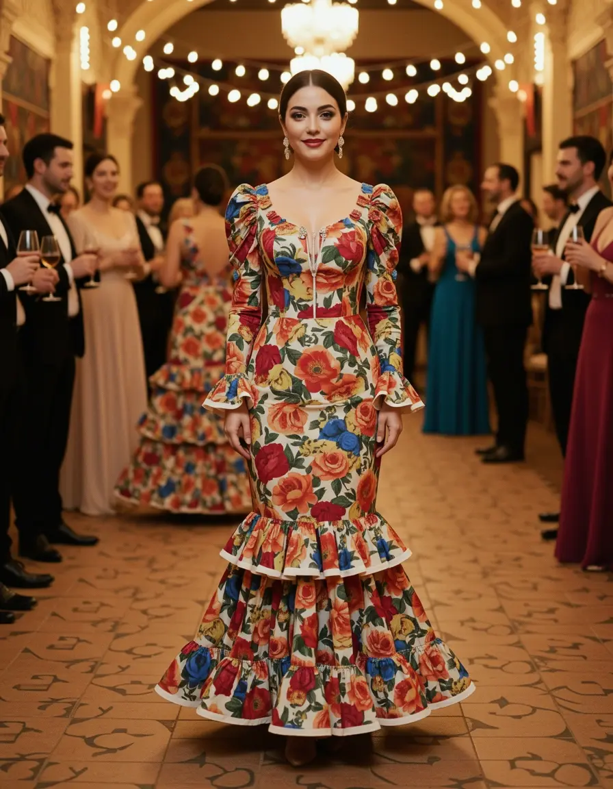 Vestido flamenca con estampado floral festivo