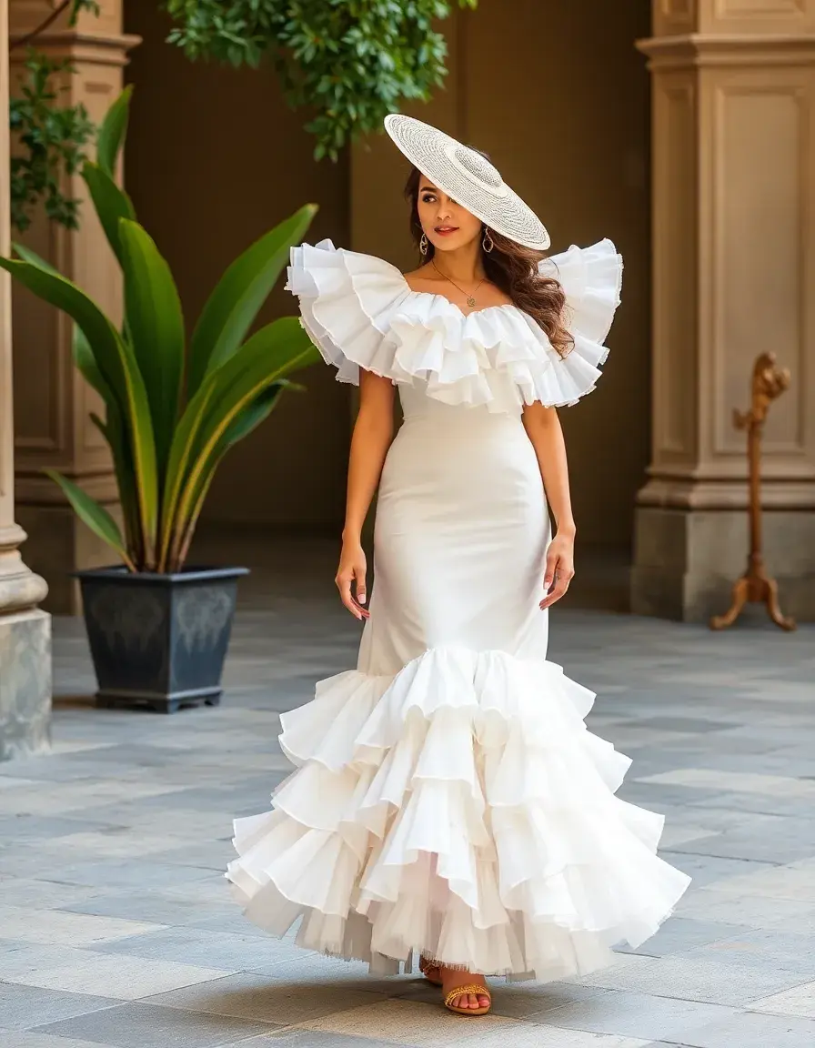 Vestido flamenca blanco elegante con volantes