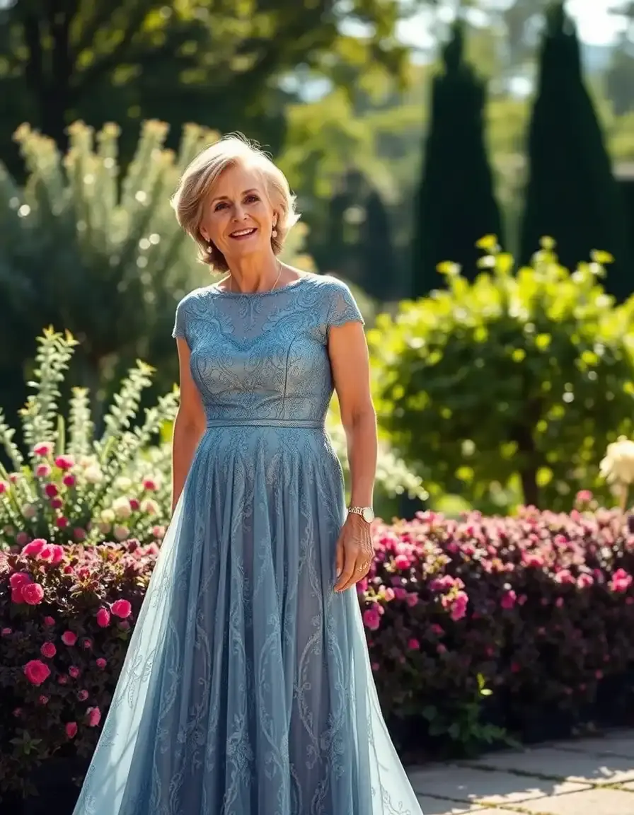 Mujer elegante luciendo un vestido de madrina de encaje en un jardín