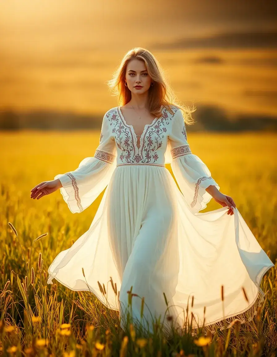 Mujer luciendo un vestido boho blanco bordado en un campo soleado
