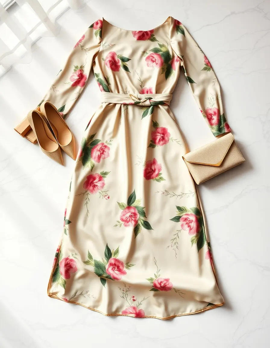 Elegante vestido de invitada floral con accesorios dorados sobre fondo de mármol