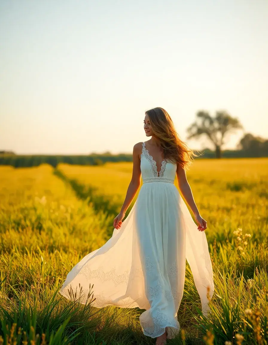 Mujer luciendo un vestido boho maxi blanco con encaje en un campo al atardecer