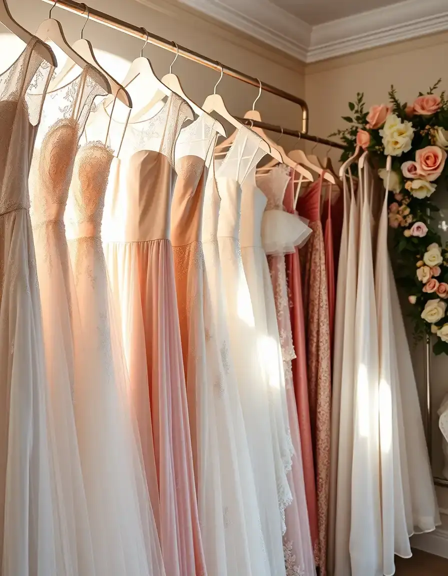 Colección de vestidos ceremonia niña elegantes en una boutique iluminada
