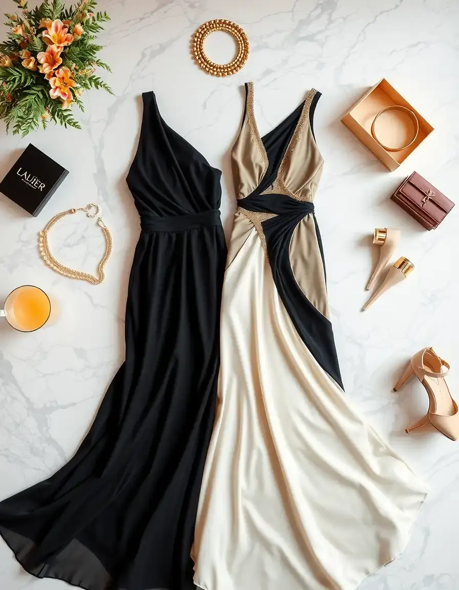 Selección de vestidos de coctel elegantes con accesorios dorados sobre mármol