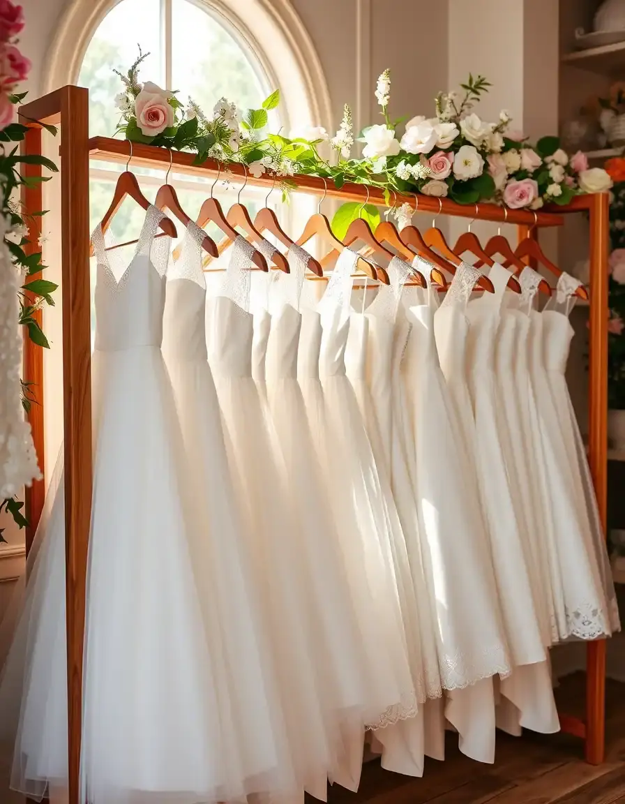 Varios estilos de vestido comunion niña colgados en una boutique elegante y luminosa.