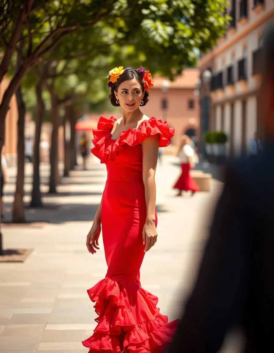 Mujer luciendo un vibrante vestido de flamenca rojo con volantes en una plaza española