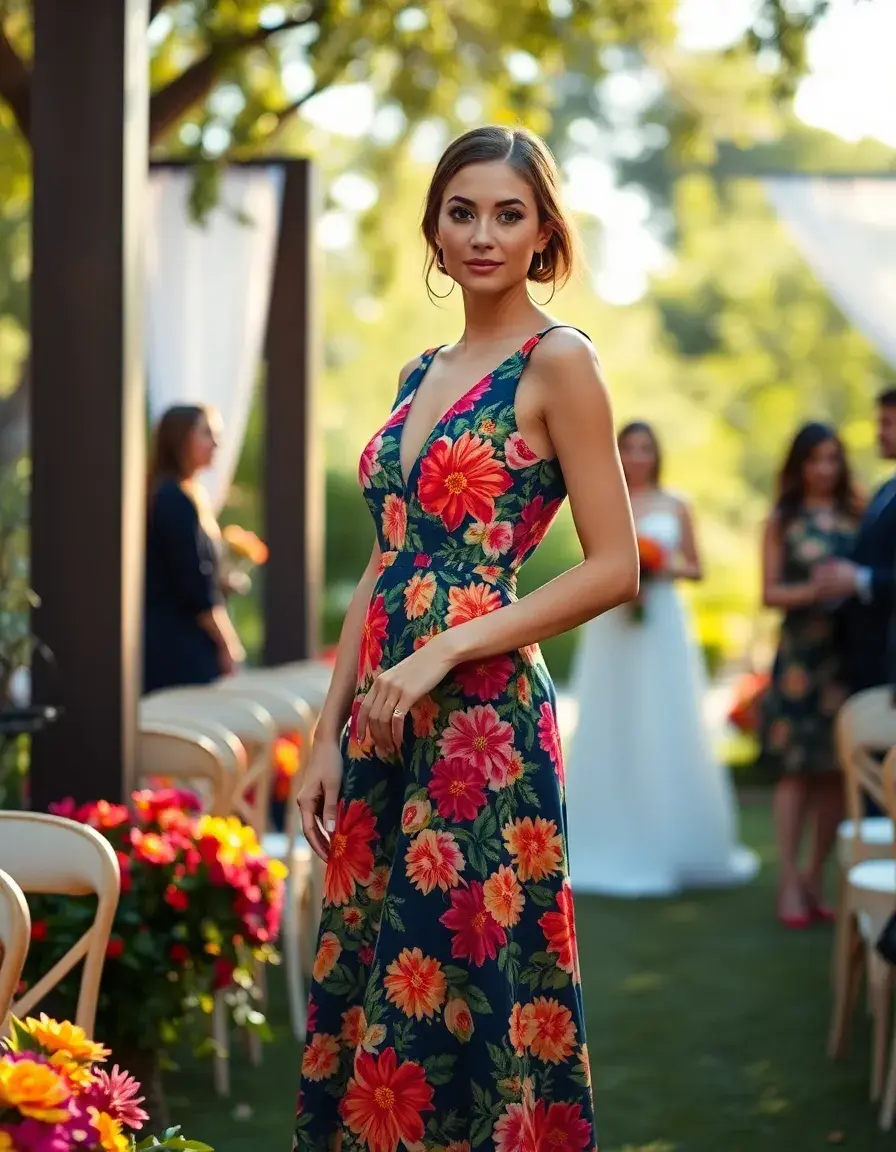 Mujer elegante con vestido de invitada de boda floral en jardín soleado