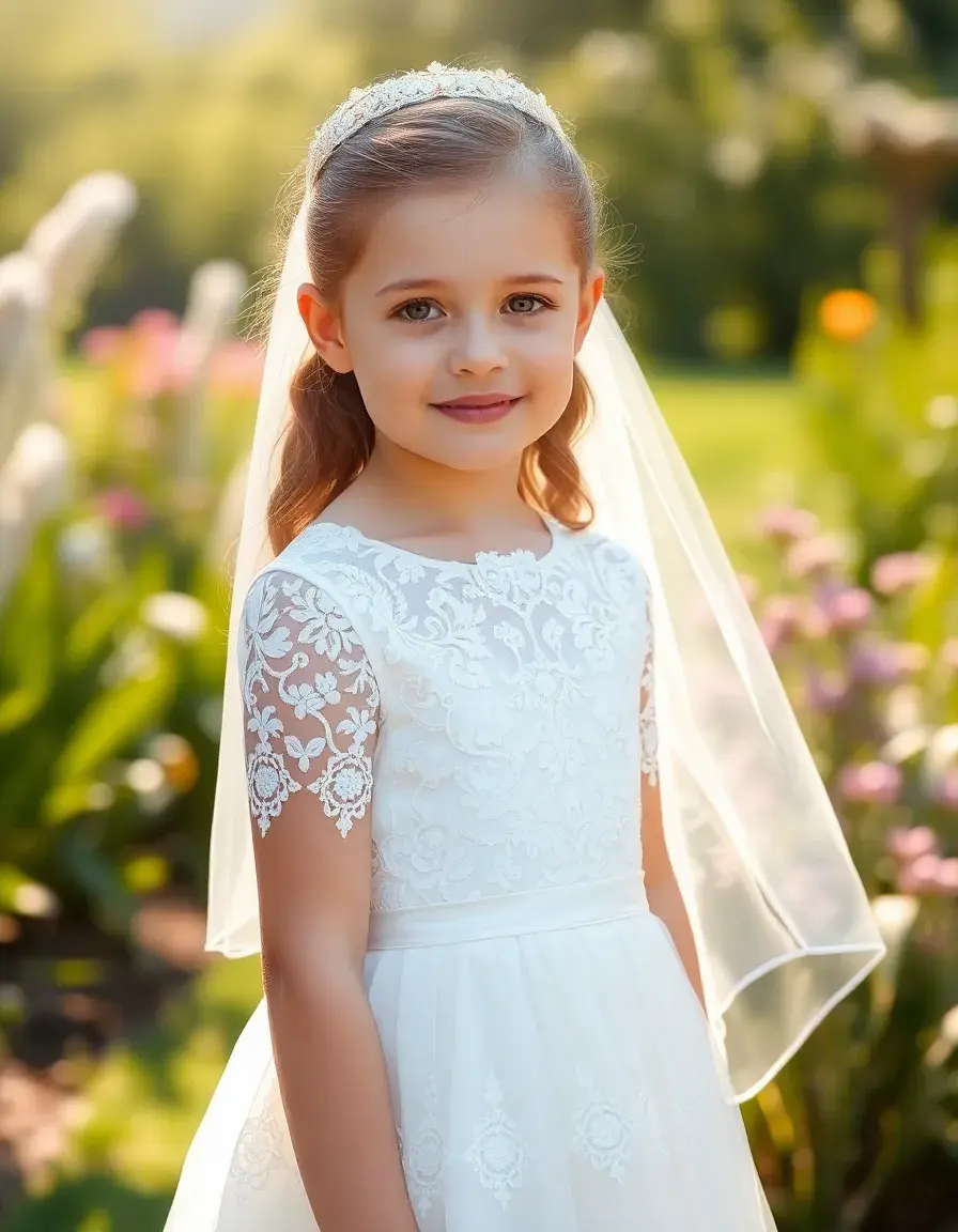 Niña con vestido de comunión de encaje blanco en un jardín soleado