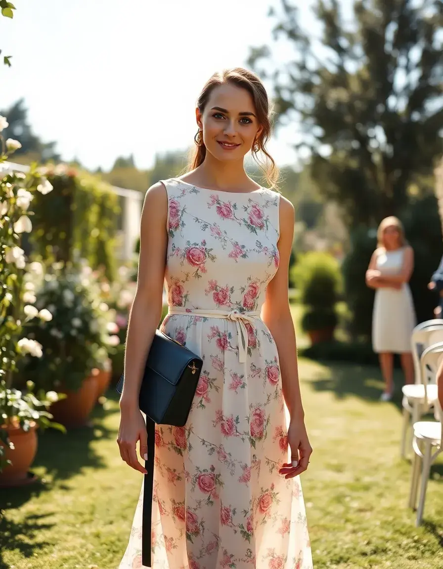 Mujer elegante con vestido floral midi en una boda de jardín soleada