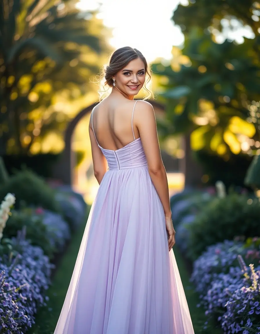 Mujer elegante con vestido de invitada de boda color lavanda en jardín