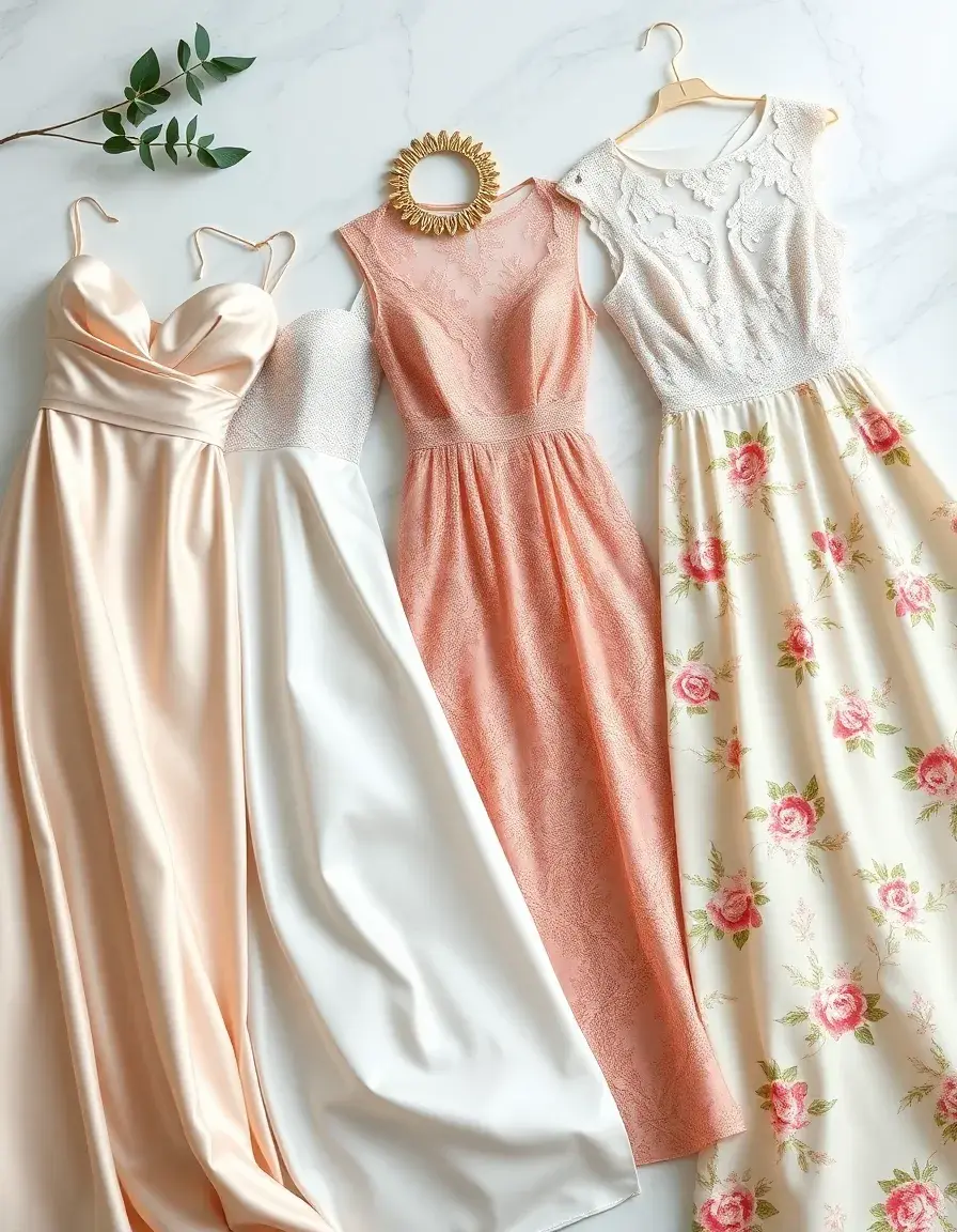Selección de vestidos invitadas elegantes con accesorios dorados sobre mármol blanco