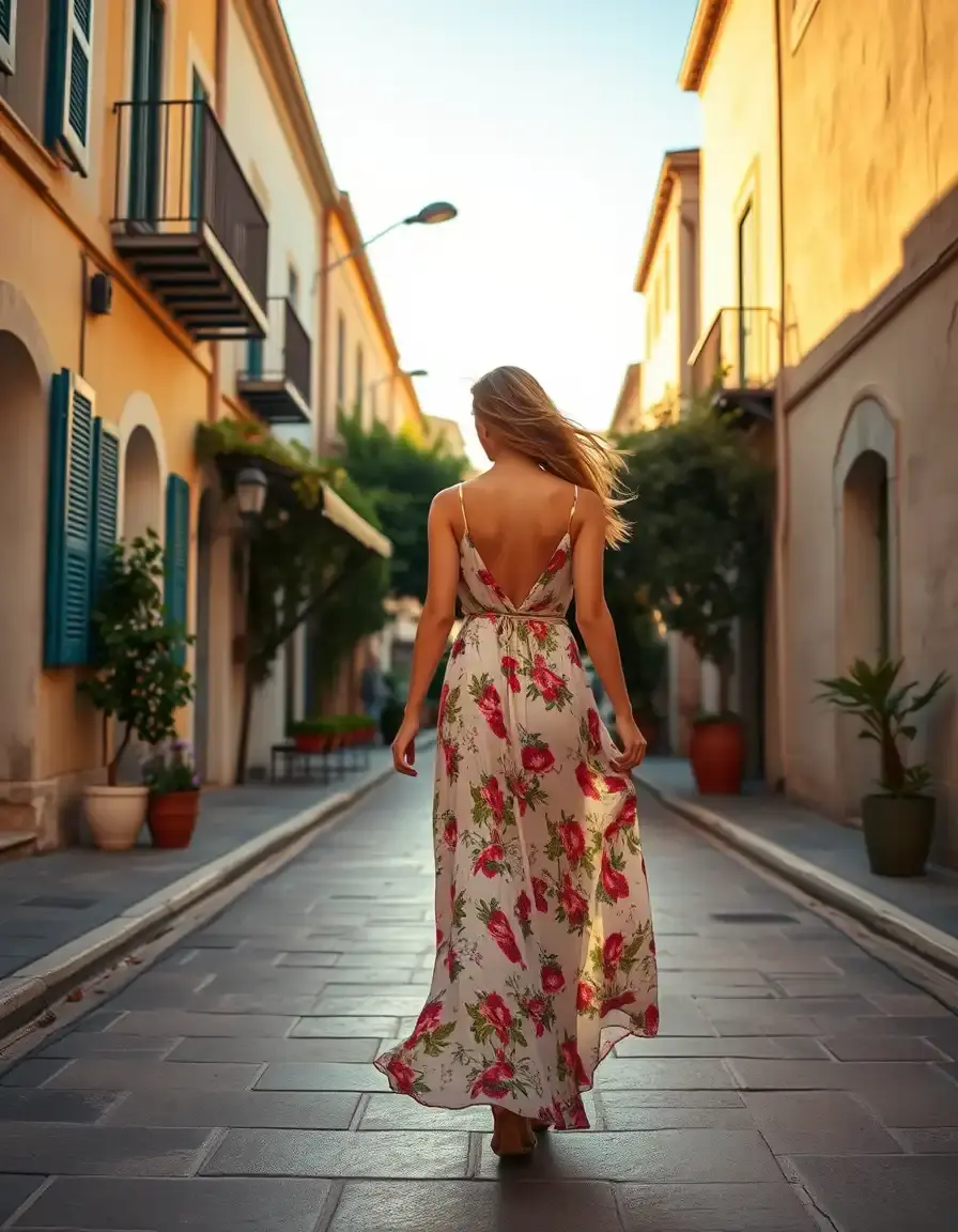 Mujer con vestido largo de verano floral caminando en una calle soleada