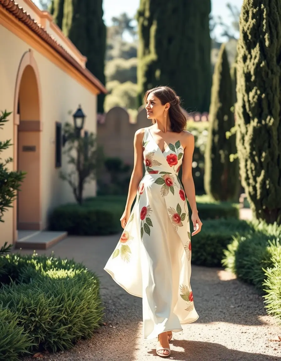 Mujer con vestido original invitada boda asimétrico en un jardín soleado