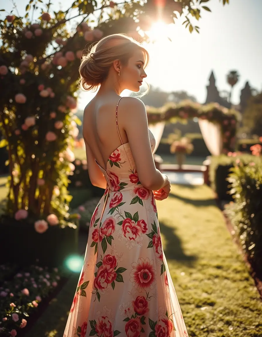 Mujer elegante con vestido floral en una boda de jardín soleada