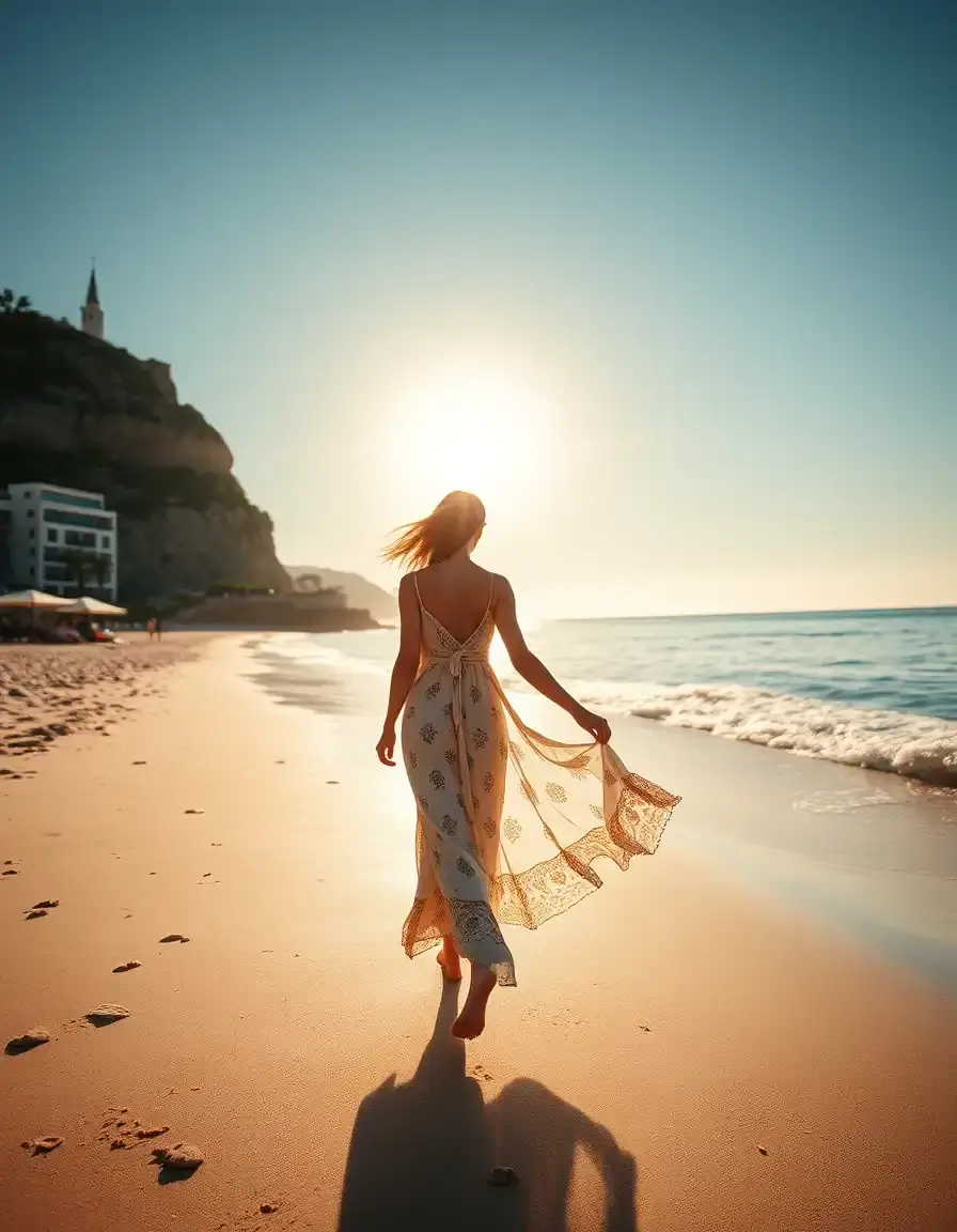 Mujer con vestido playero mujer estilo boho caminando por la arena al atardecer.