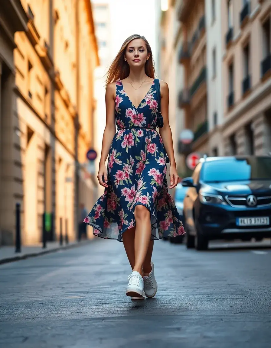 Mujer con vestido midi de flores y zapatillas blancas de vestir caminando por la ciudad