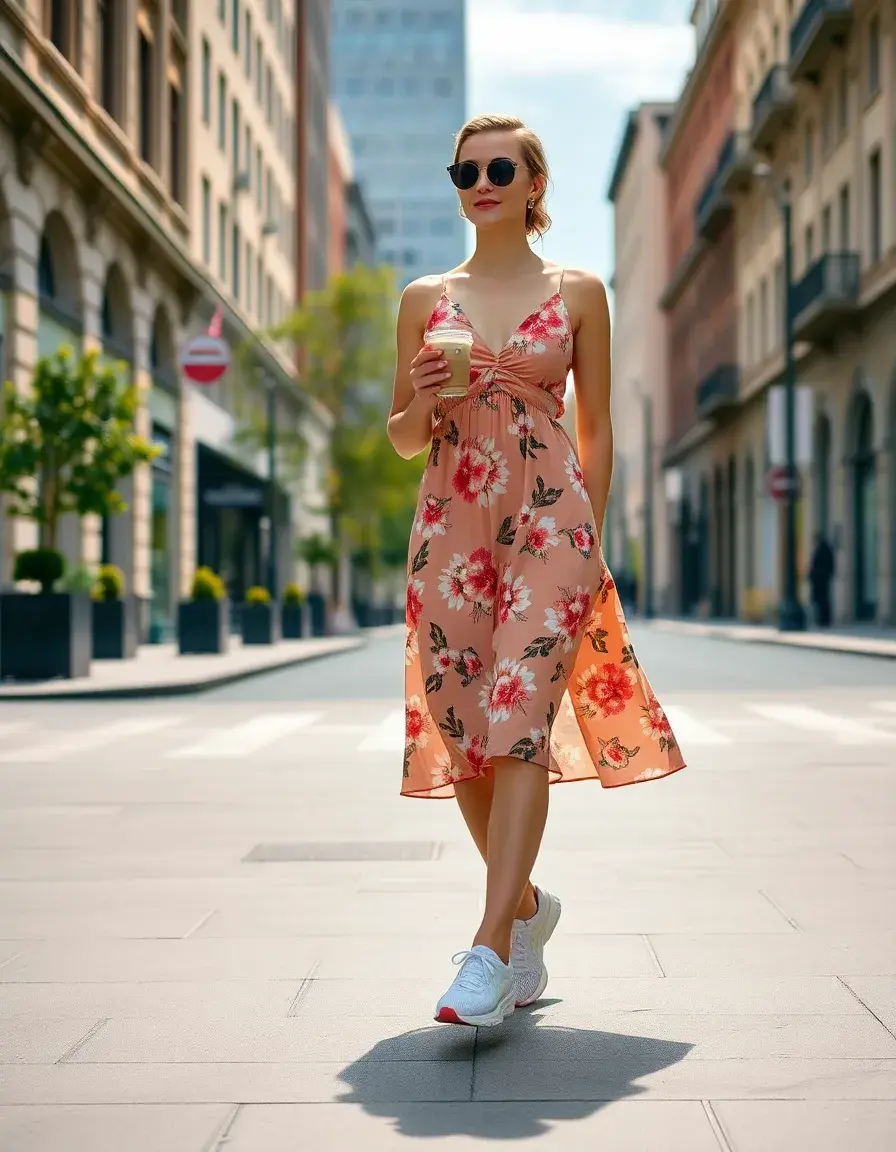 Mujer vistiendo vestido floral y zapatillas deportivas mujer para vestir en la ciudad