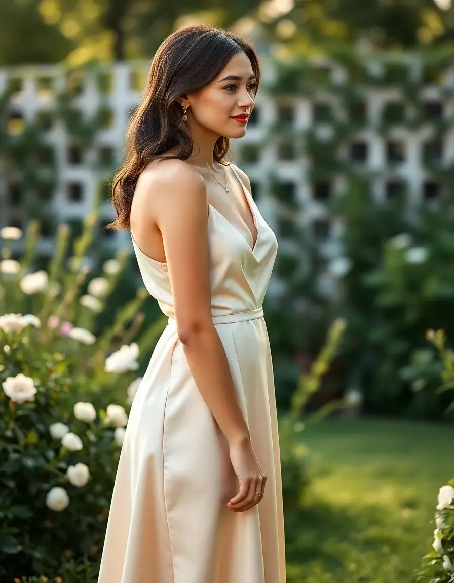 Mujer con vestido sencillo y elegante en una boda de jardín