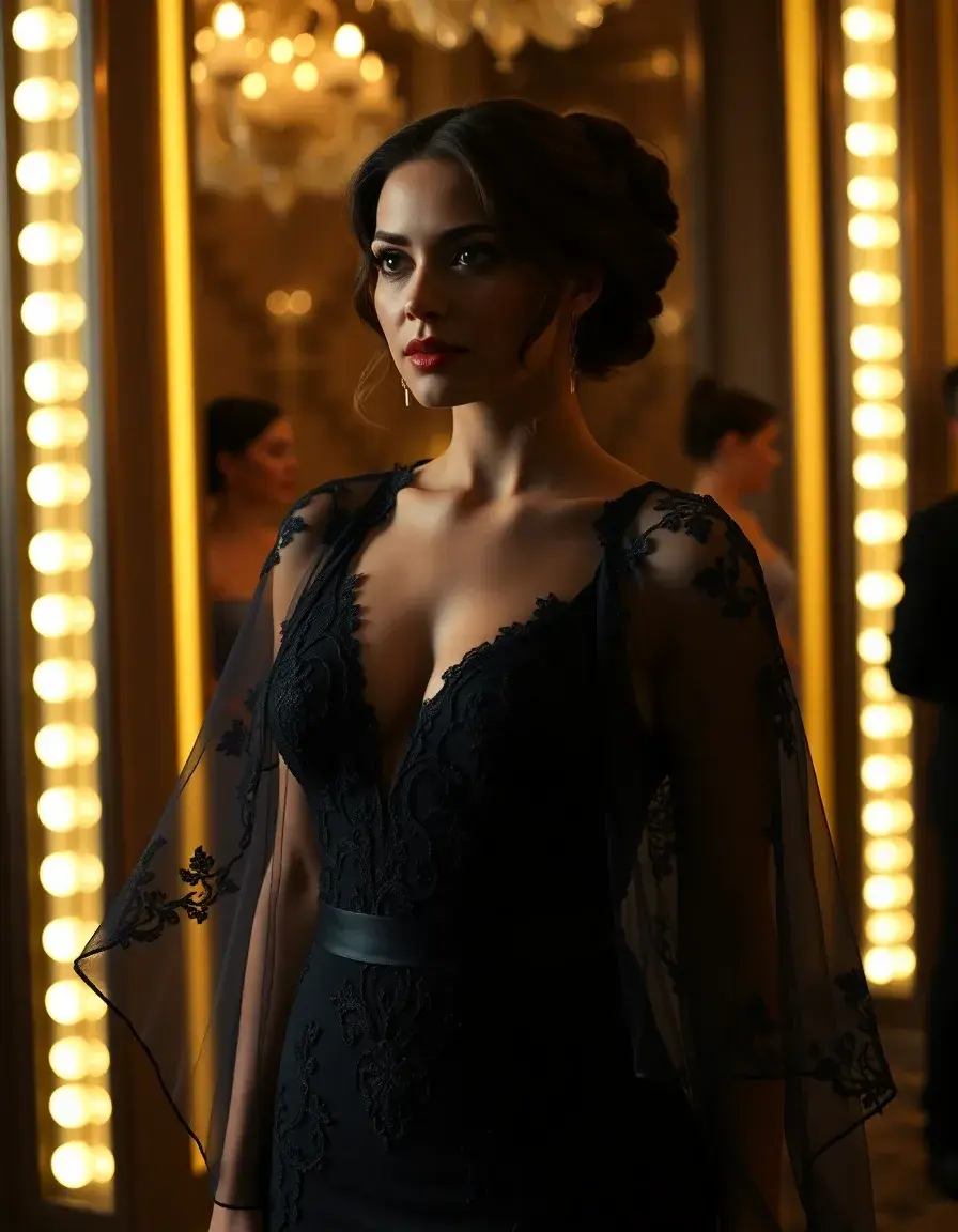 Mujer elegante con vestido de fiesta y capa de encaje en un evento de gala