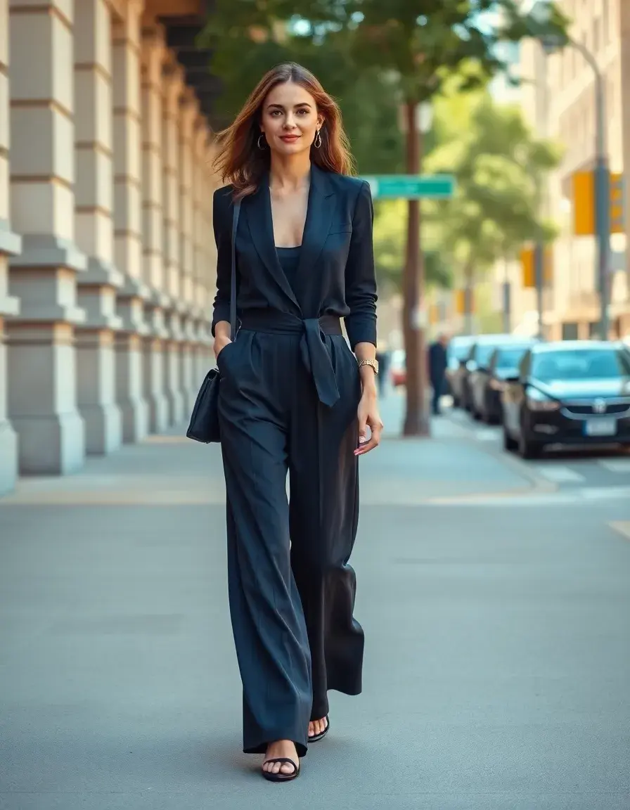 Mujer con pantalon vestir mujer elegante caminando por la ciudad