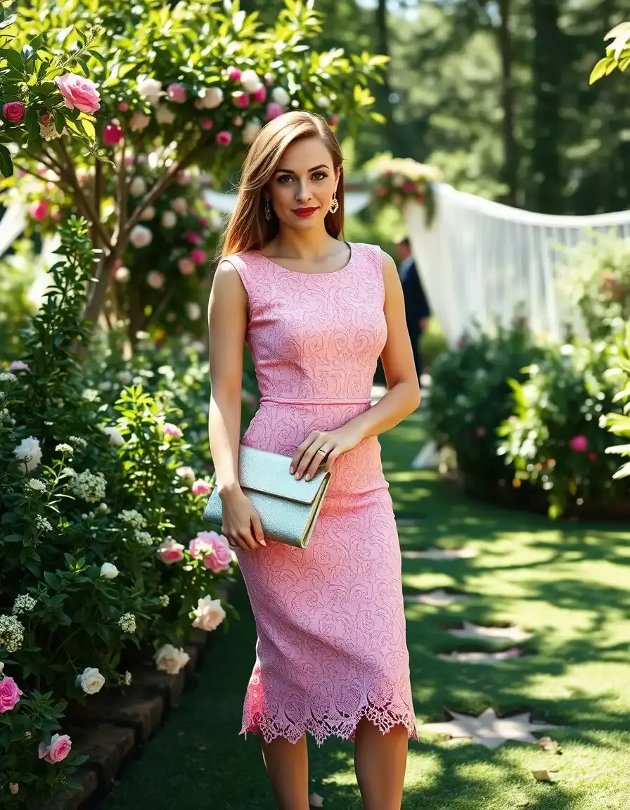 Mujer elegante con vestido corto invitada boda en encaje rosa
