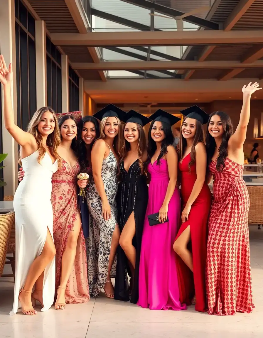 Jóvenes graduadas celebrando con elegantes vestidos de graduación en un evento nocturno.