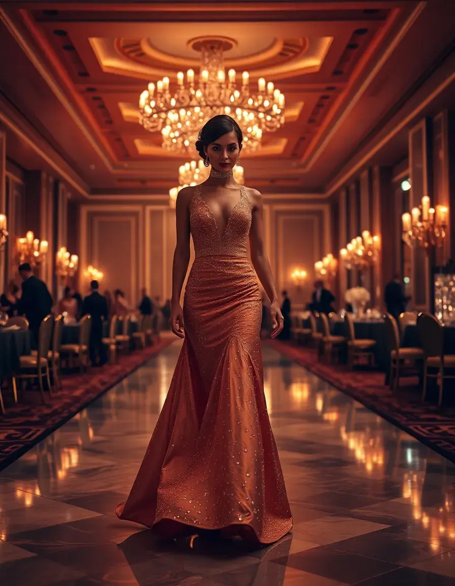 Mujer elegante luciendo un vestido de gala dorado en un salón lujoso