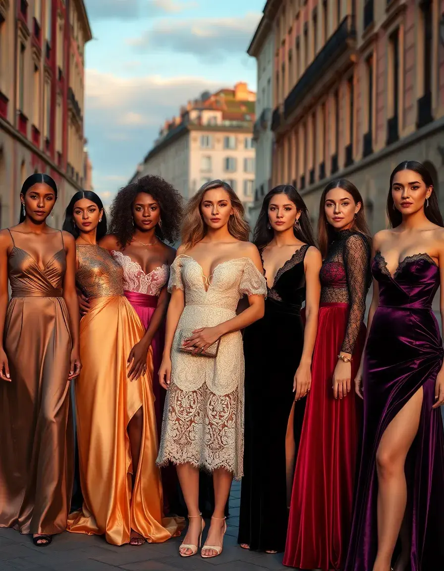 Mujeres luciendo diferentes estilos de vestido elegante en una calle europea al atardecer.
