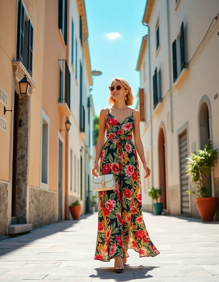 Mujer luciendo un vestido estampado floral maxi en una calle soleada
