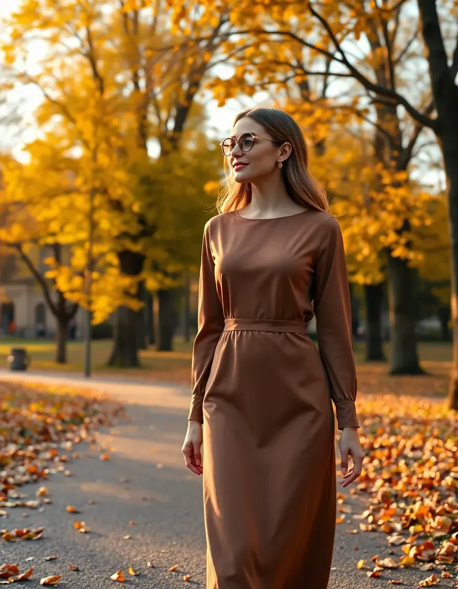 Mujer elegante con vestido invitada otoño caminando por un parque con hojas doradas