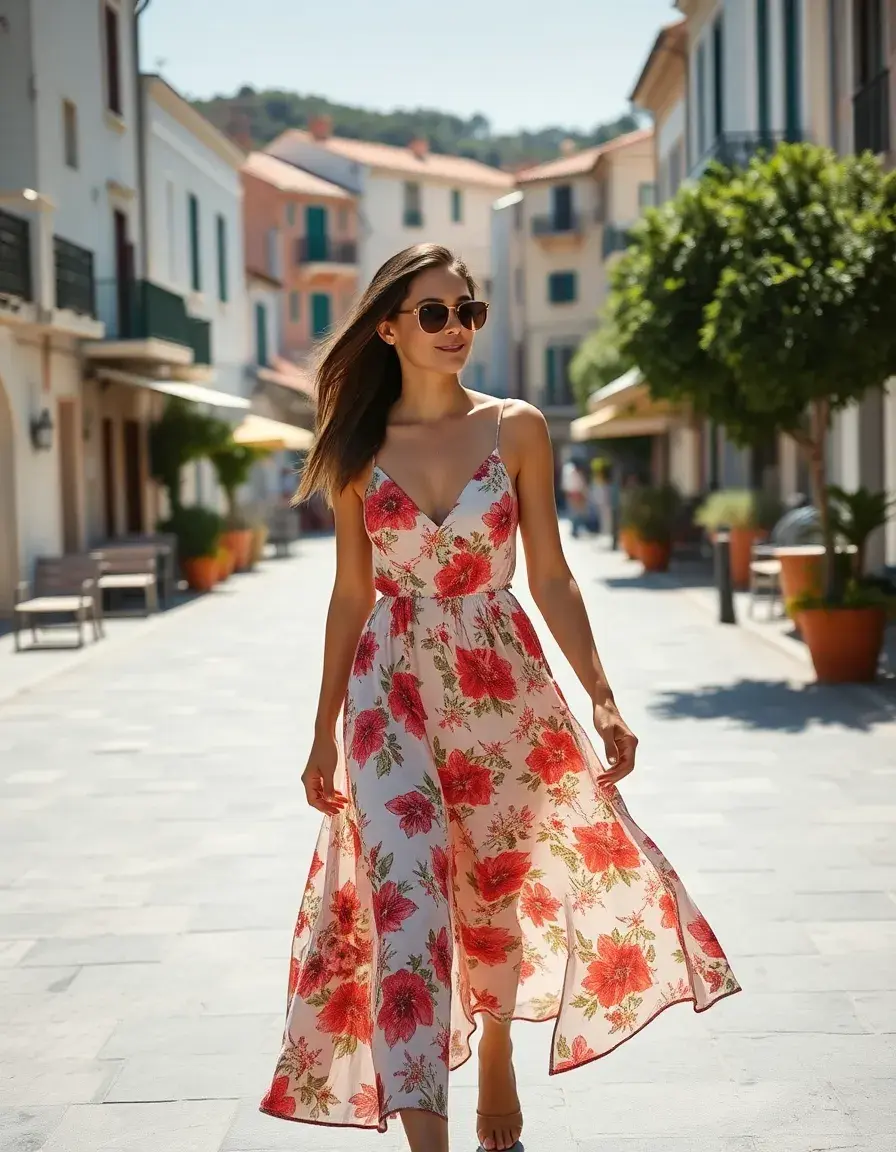 Mujer luciendo un vestido mujer verano floral en una calle soleada