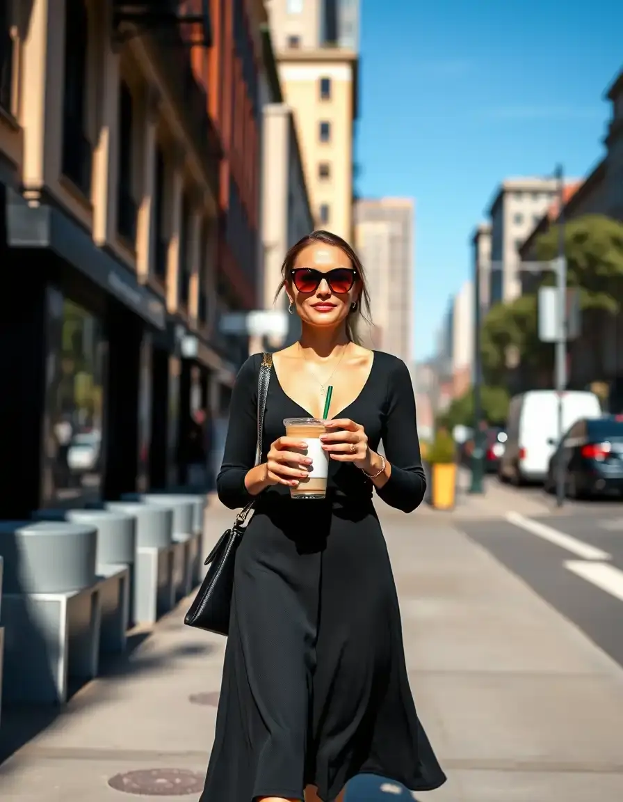 Mujer elegante caminando por la ciudad con un vestido negro mujer estilo midi moderno