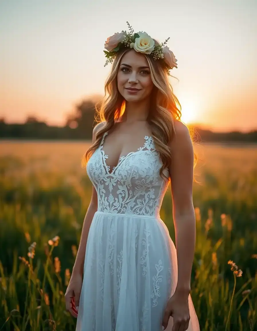 Novia con vestido de novia boho de encaje en un campo al atardecer