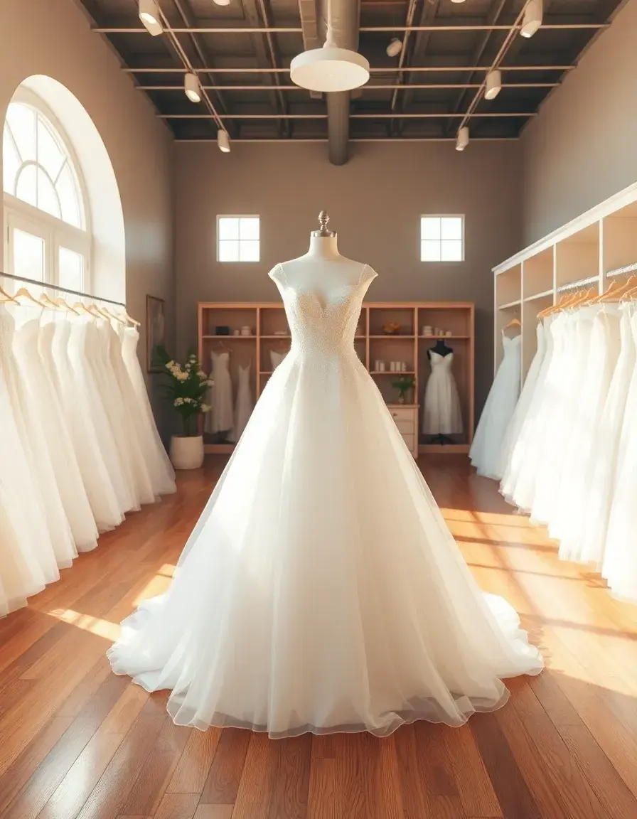 Vestido novia sencillo de seda en una boutique luminosa y elegante.