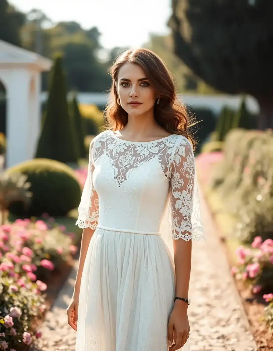 Mujer elegante luciendo un vestido bautizo mujer de encaje blanco en un jardín.