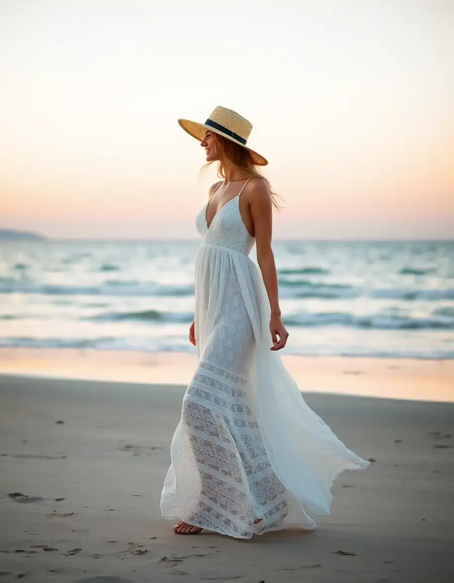 Mujer con vestido blanco ibicenco caminando por la playa al atardecer.
