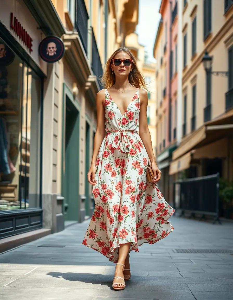 Mujer luciendo un elegante vestido mujer de flores en una calle soleada