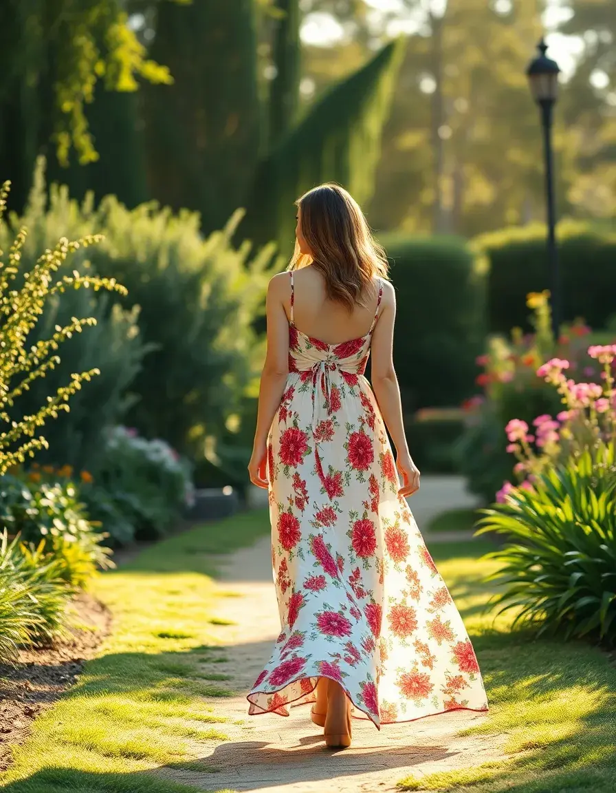 Mujer luciendo un vestido boho chic floral en un jardín soleado
