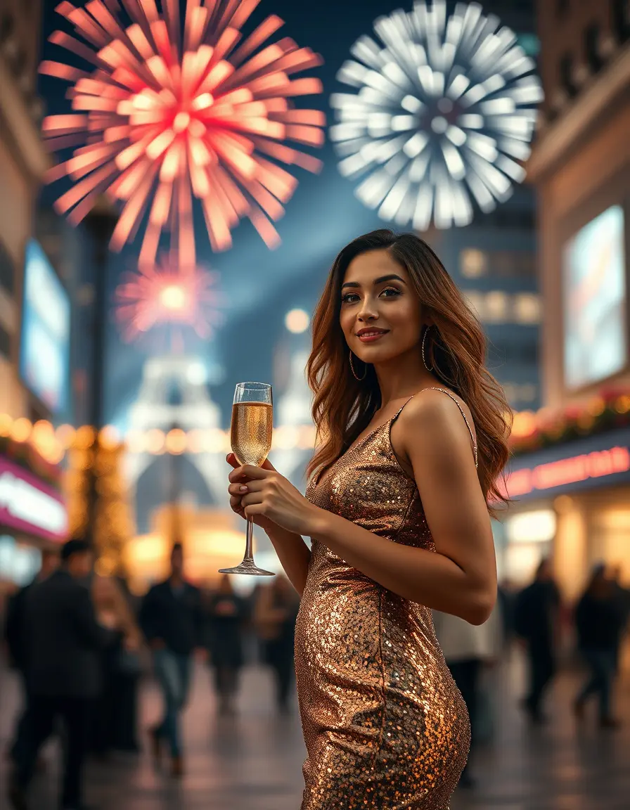 Mujer elegante con vestido de lentejuelas doradas para las campanadas 2025