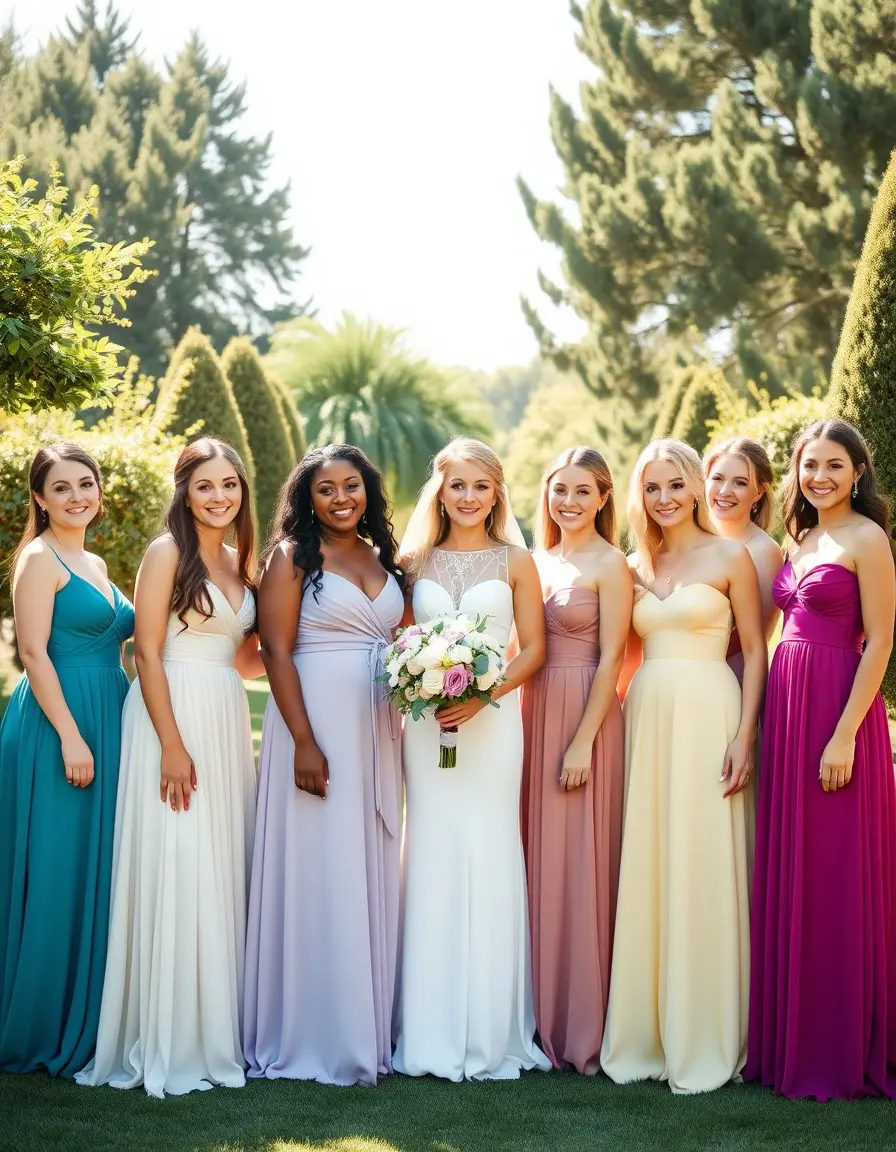 Grupo de damas de honor con vestidos elegantes en tonos pastel coordinados