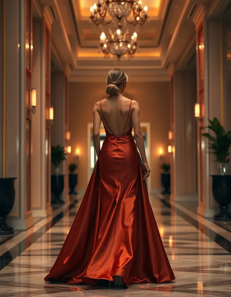 Mujer elegante vistiendo un vestido de fiesta largo en un evento de gala nocturno.