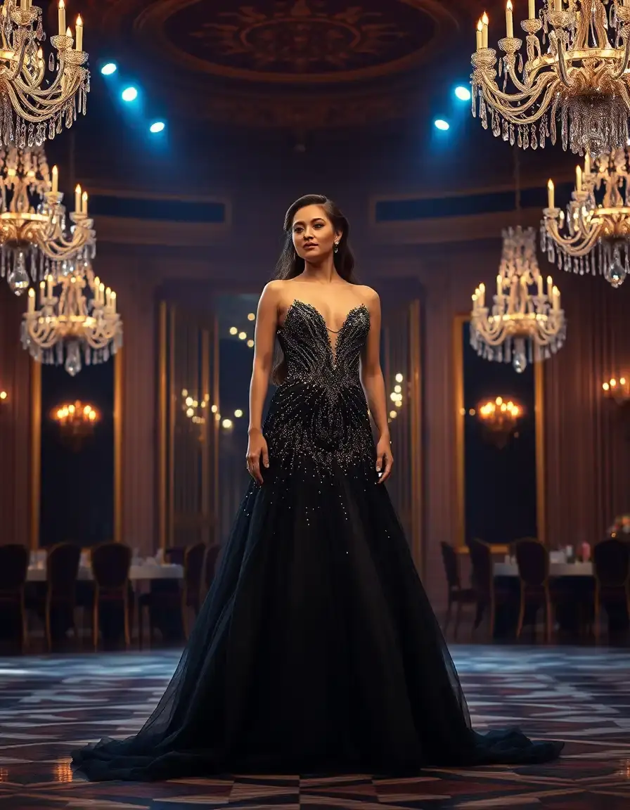 Mujer elegante con vestido de gala de lentejuelas en salón lujoso
