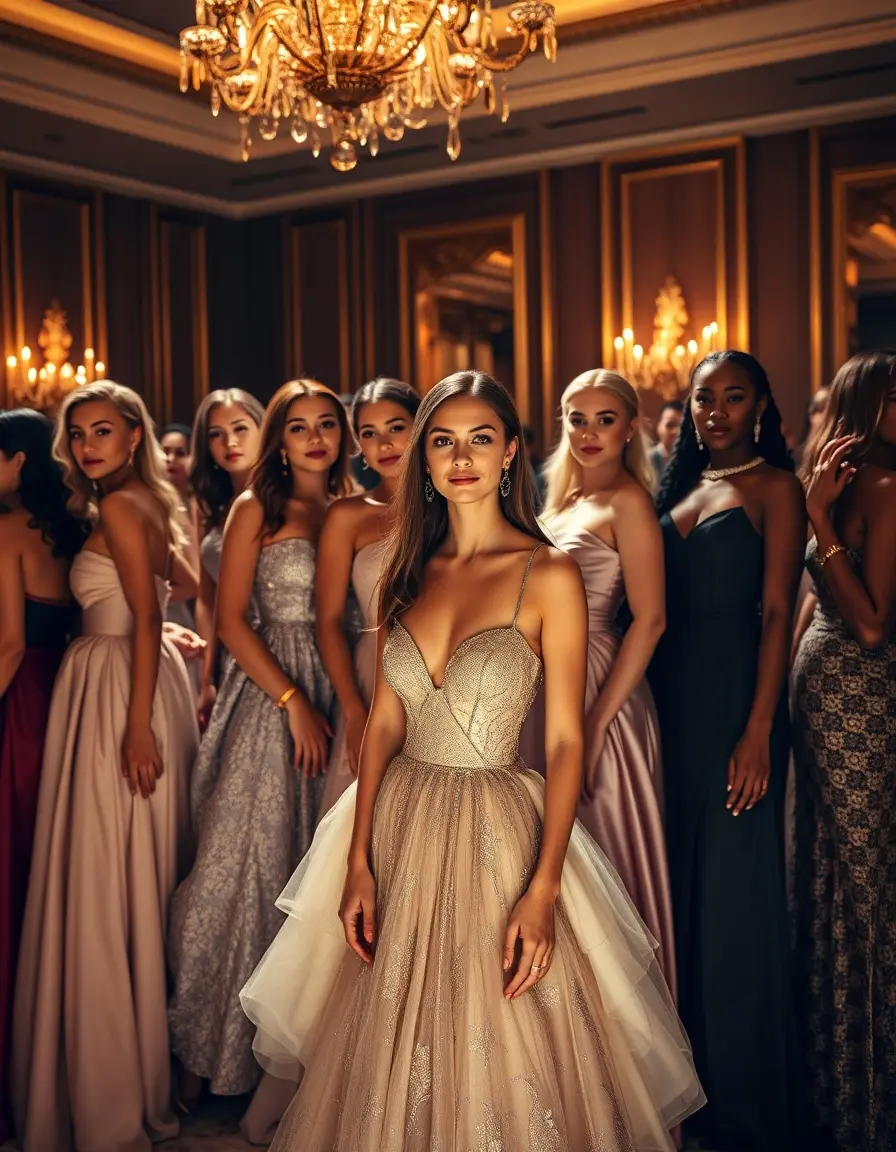 Mujeres con vestidos elegantes de gala en un salón de eventos lujoso