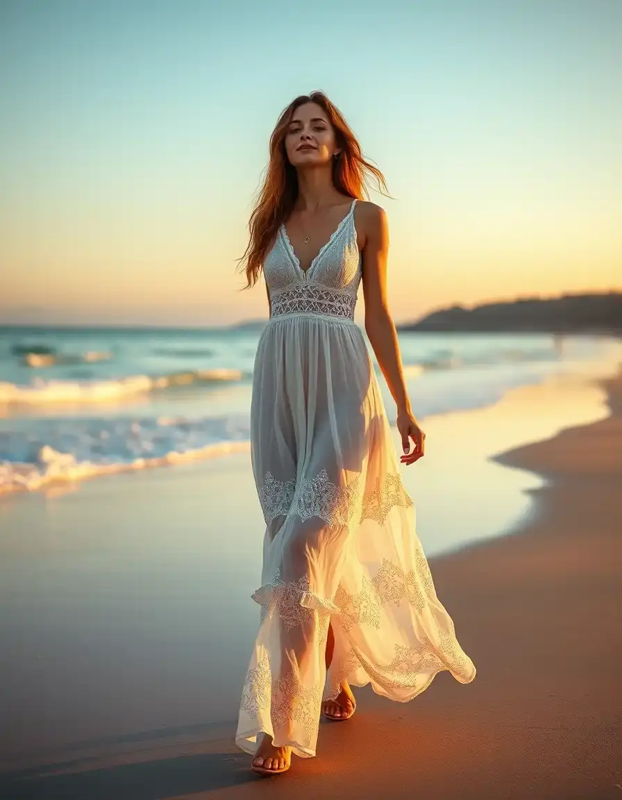 Mujer con vestido ibicenco blanco de encaje caminando por la playa al atardecer