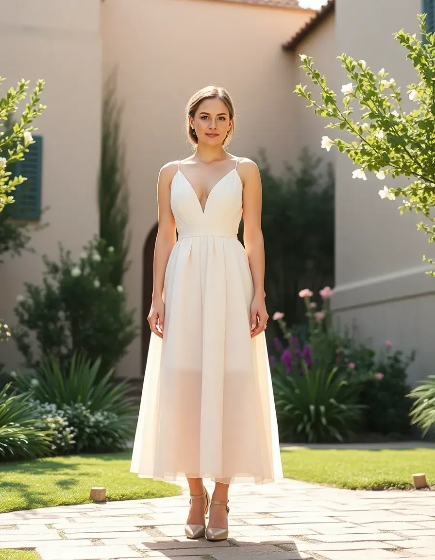 Elegante mujer con vestido midi pastel para celebración de primera comunión